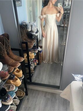 Azazie Cream Off-the-Shoulder Maxi Dress with Rosette Sleeves